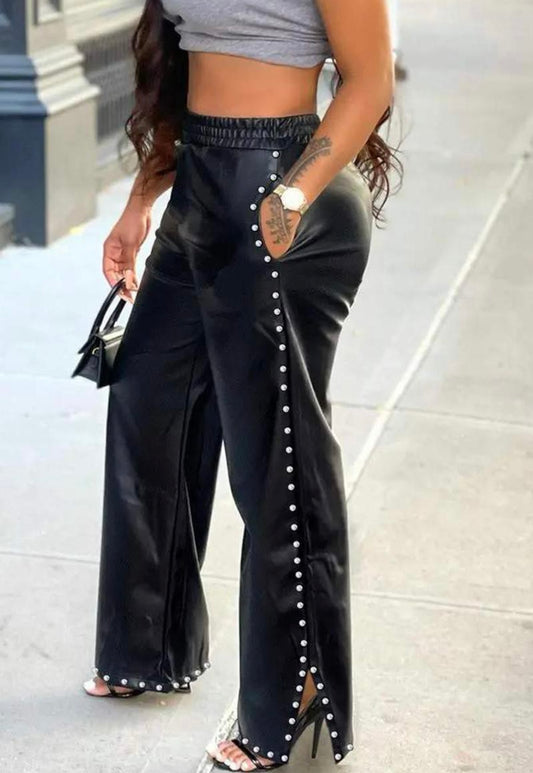 Studded Wide Leg Leather Pants