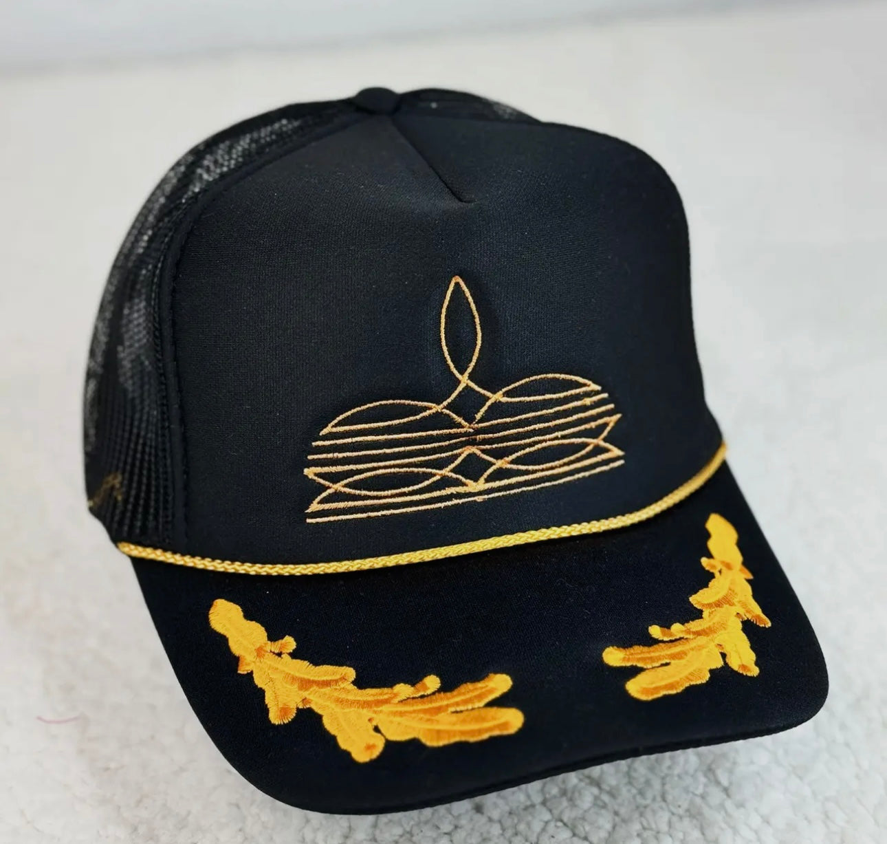 Black Boot Stitch Trucker Hat